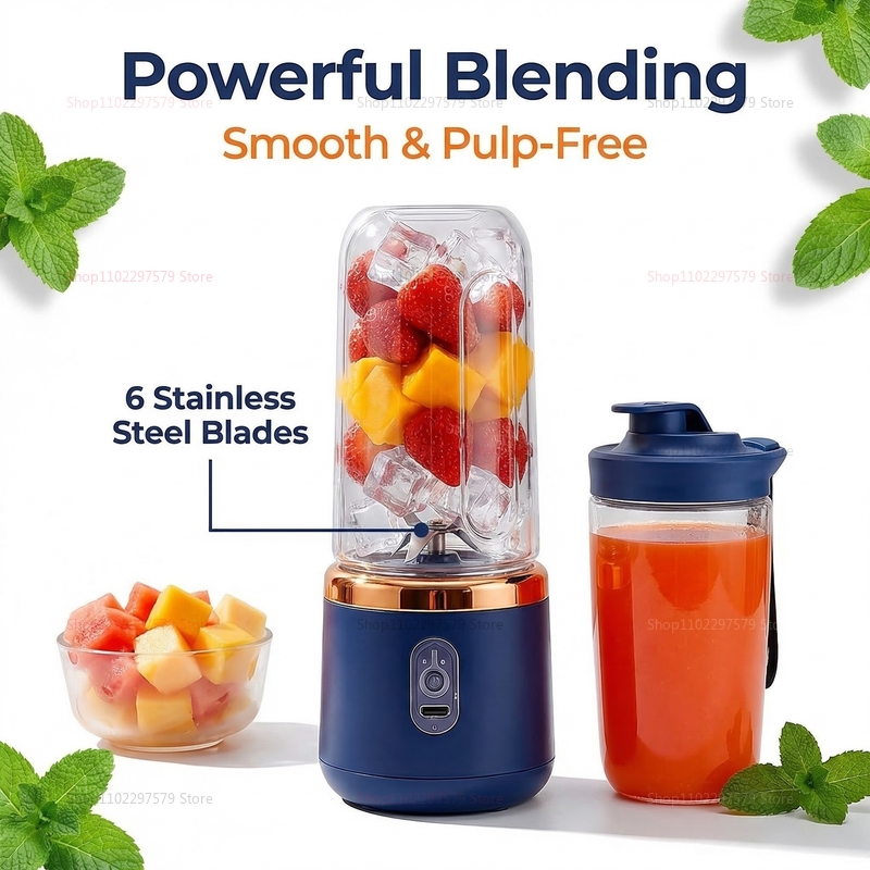 Portable Blender Usb Rechargeable - เครื่องปั่นน้ำผลไม้แบบพกพา 6 ใบมีด เครื่องปั่นผลไม้ในครัวเรือน ชาร์จ USB